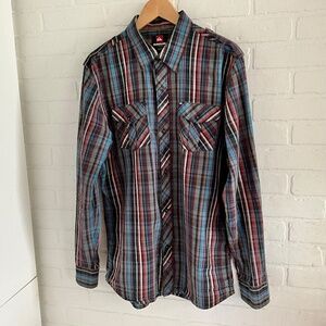 Quicksilver Men’s Button down Shirt Gray/red/blue/black Plaid Skater L